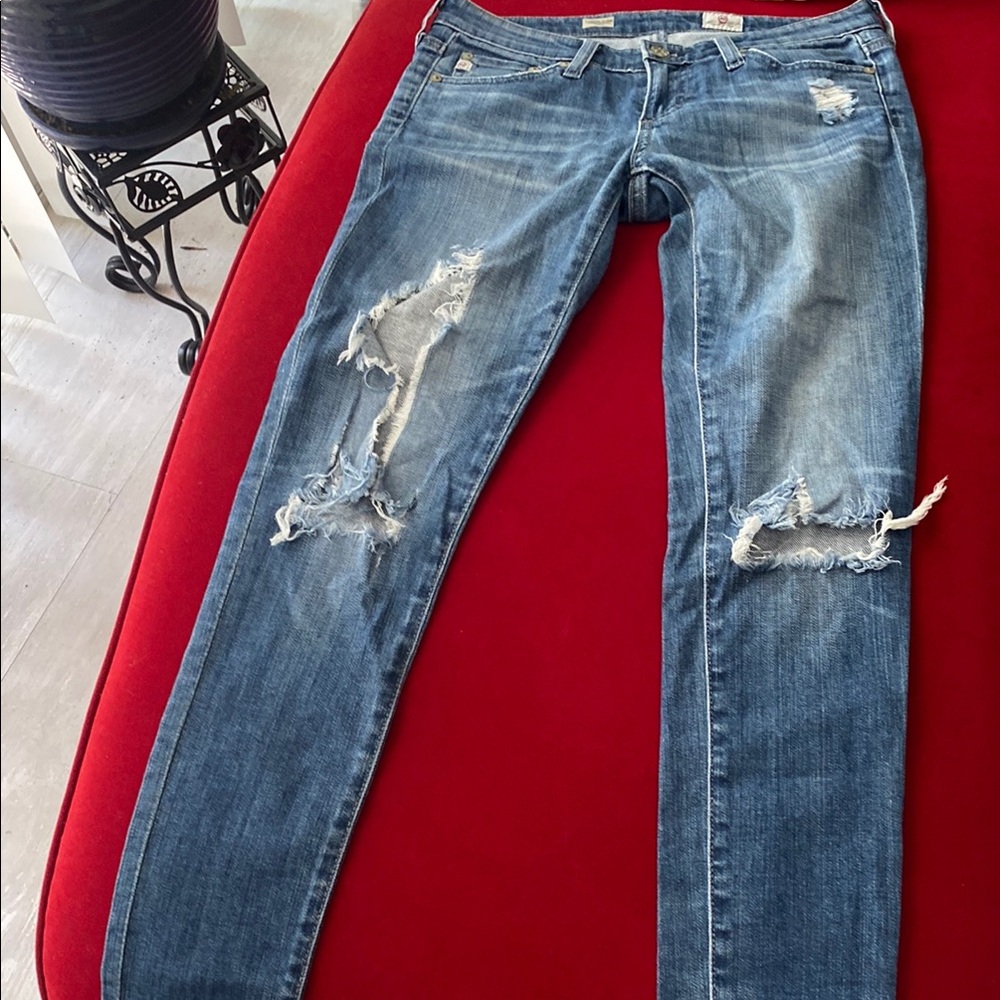 Ag Adriano Goldschmied Blue Skinny Jeans with Distressed Details